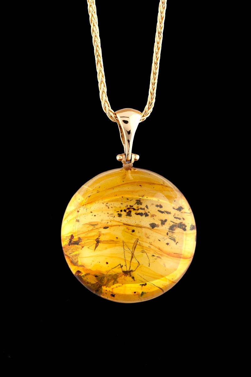 Bursztynowy medalion z inkluzjami na złotym łańcuszku